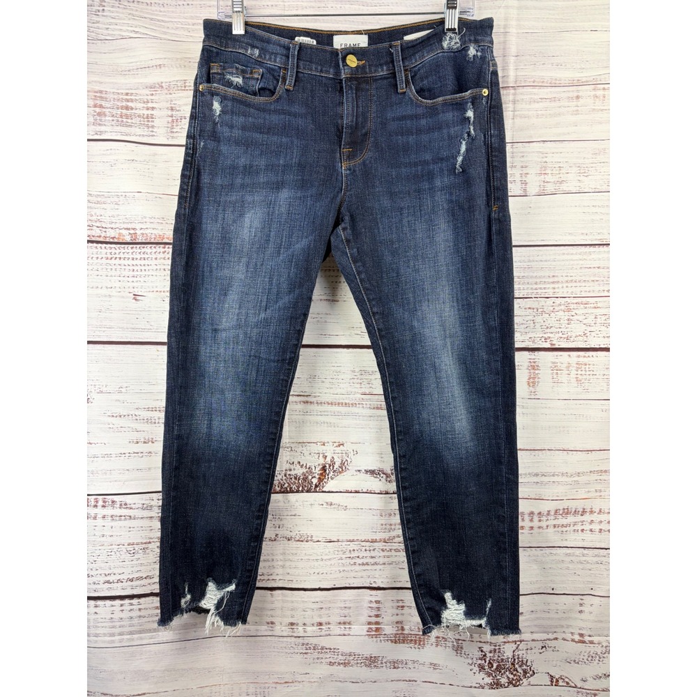 FRAME Le Garçon Crop Boyfriend Jeans Covant Dark Wash Distressed sz 28 LGJC6540
